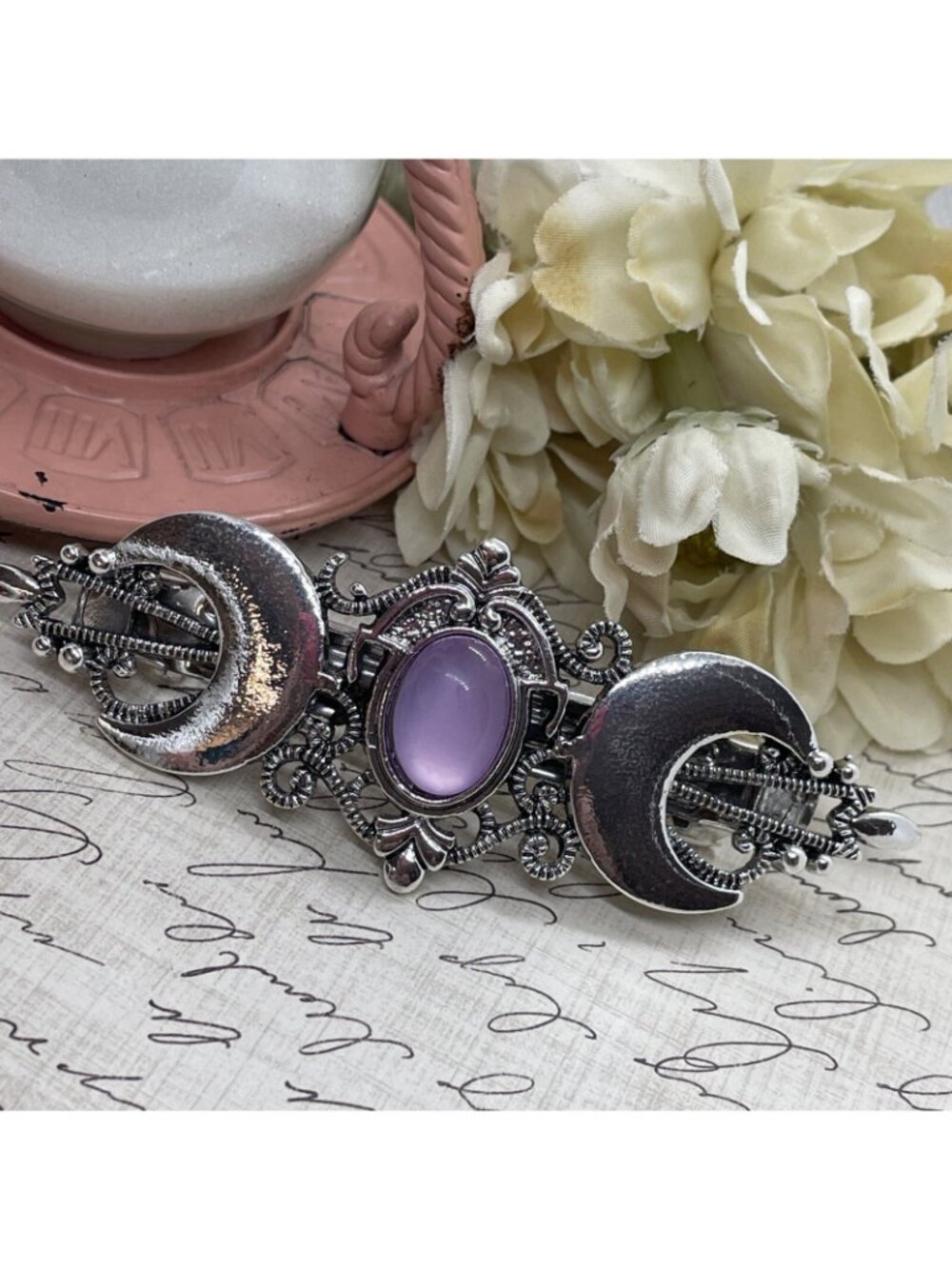 Festival Silver Purple Witch Crescent Celti Moon magic Spell Love Hair Clip Comb - Picture 3 of 12